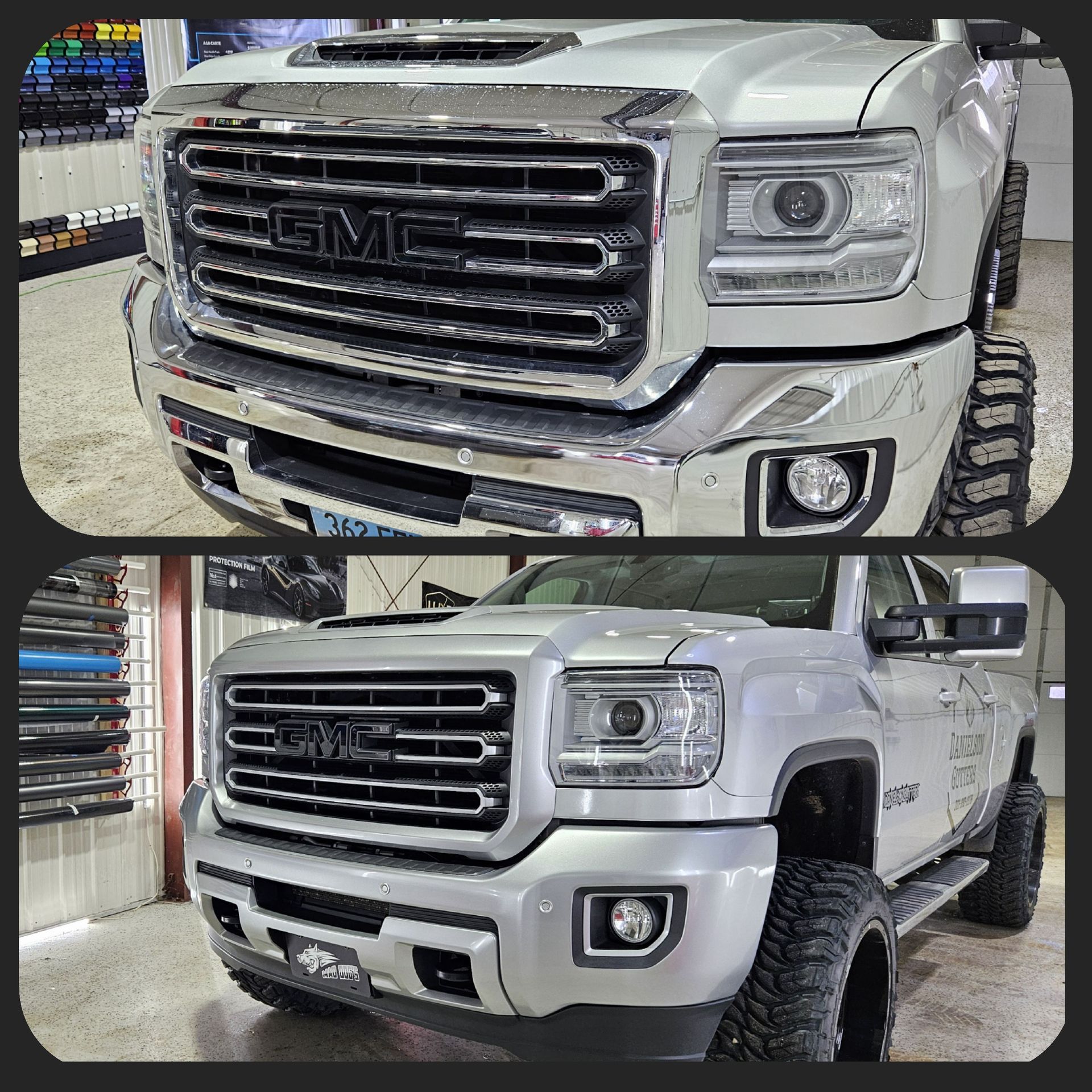 Two silver GMC trucks, top with chrome grille, bottom with black grille.