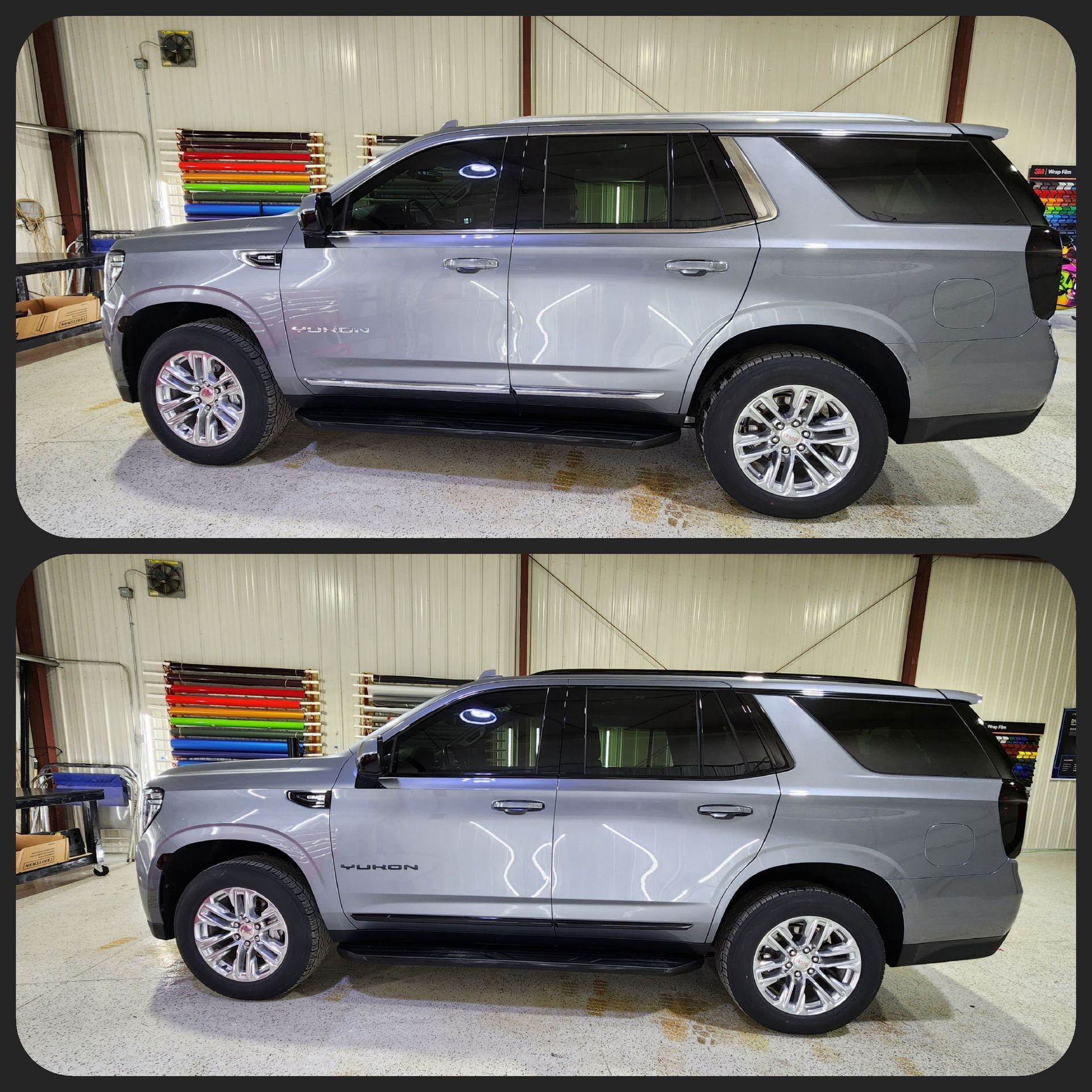 Two side views of a gray SUV, parked indoors with window tinting.
