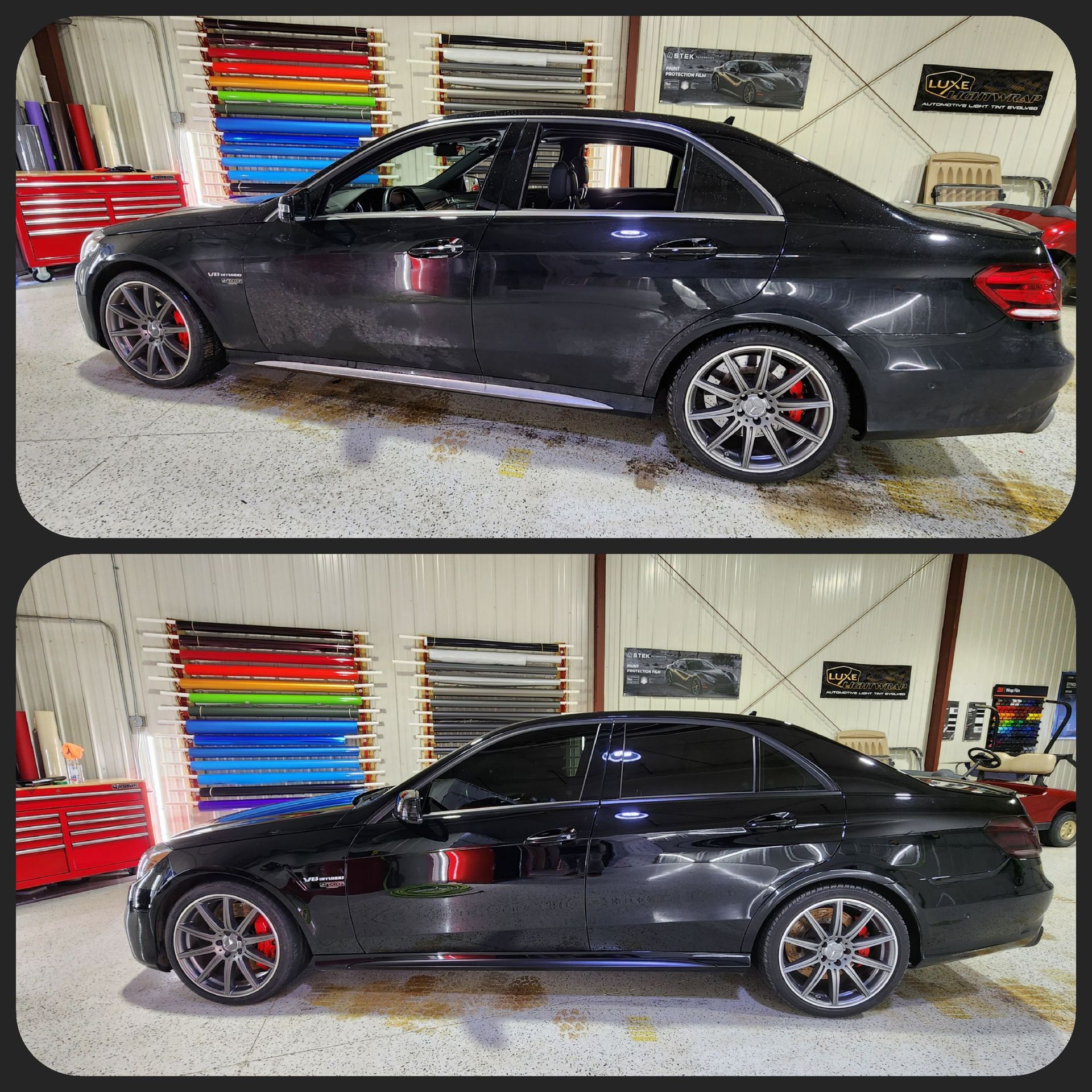 Two black Mercedes sedans, before and after window tinting. Red calipers, colorful tint rolls in background.