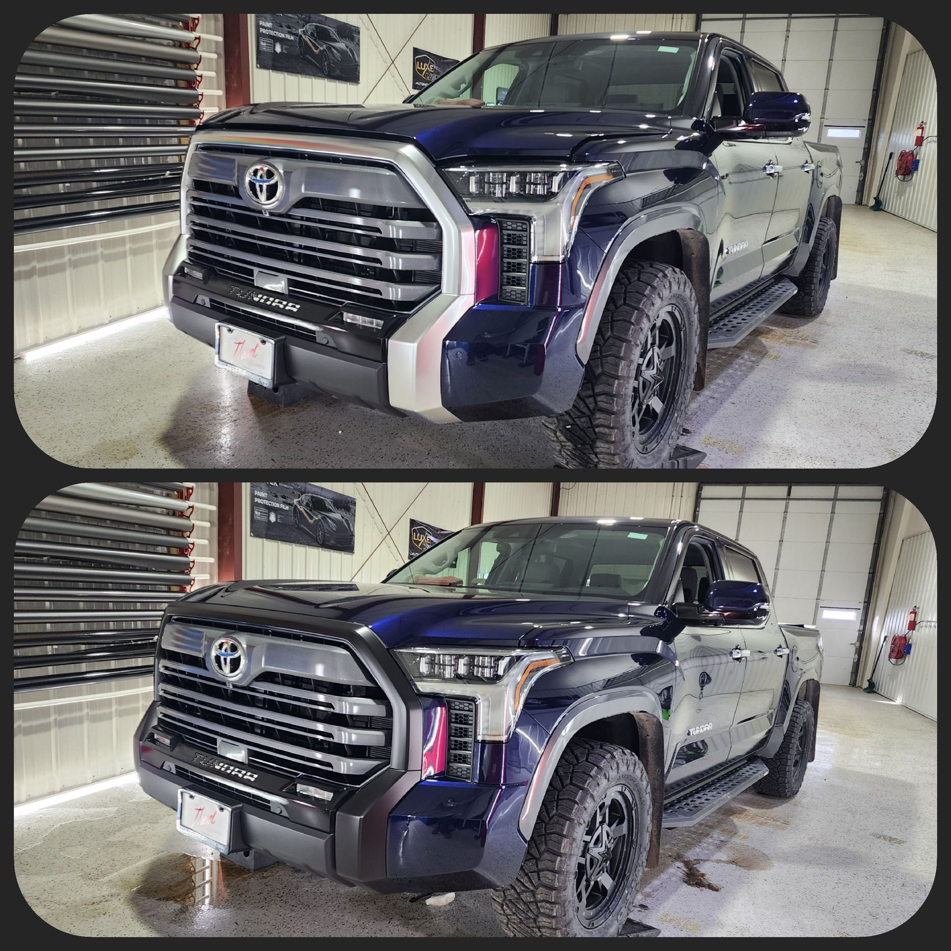 Two views of a blue Toyota Tundra pickup truck inside a garage; one with chrome, one without.