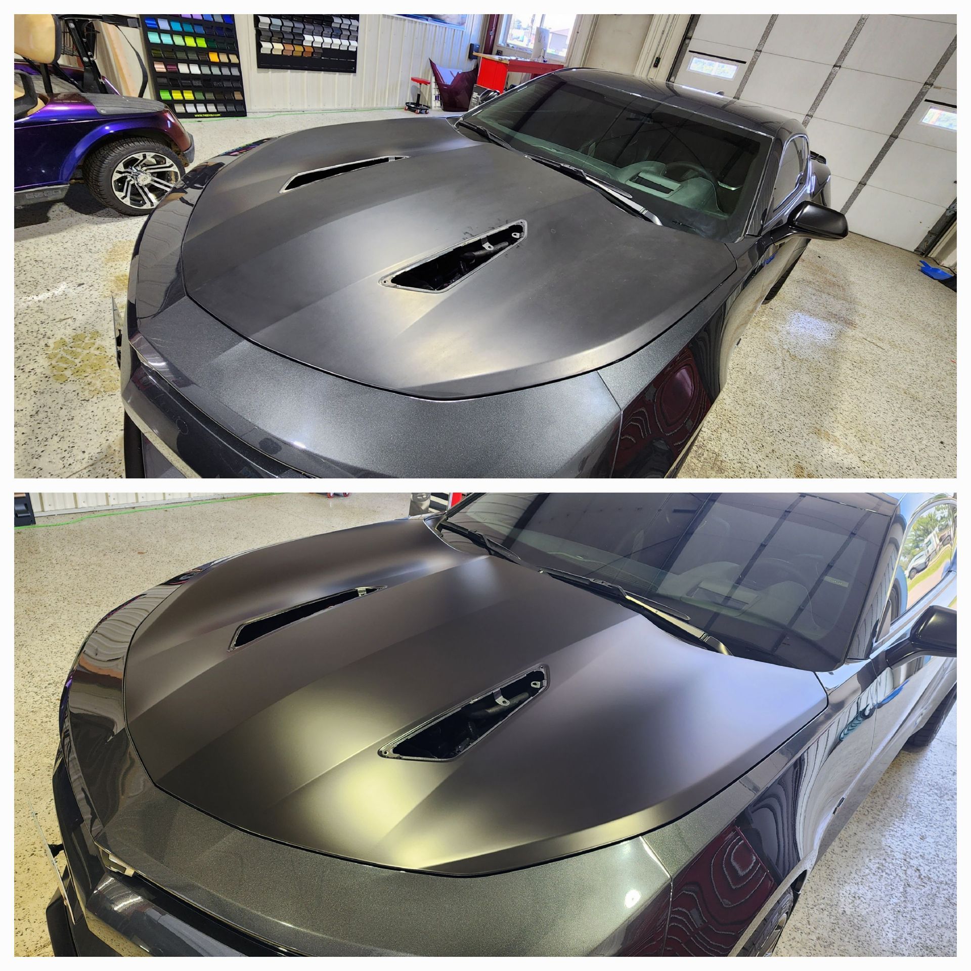 Two views of a matte gray Camaro hood with air vents. In a shop, a golf cart is visible in the background.
