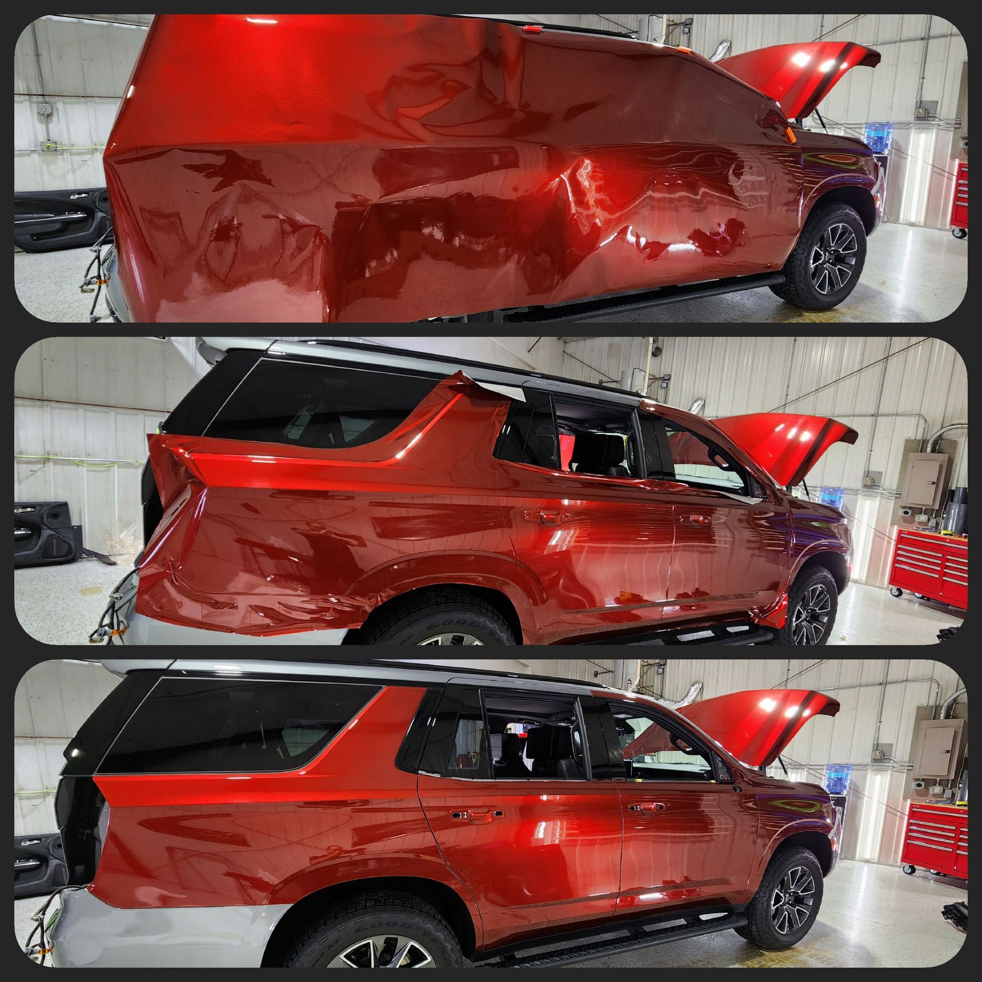 Dark gray sports car parked on a city street, with black wheels and a building background.
