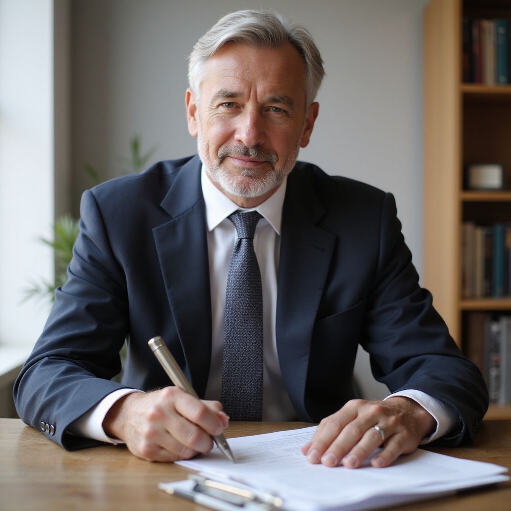 A man in a suit writes at a desk, smiling. Neutral-toned office setting with a bookcase.