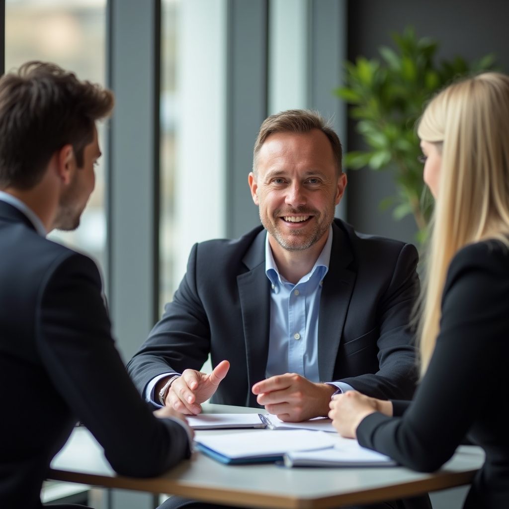 Man smiling at the camera during a meeting with two colleagues at a table.