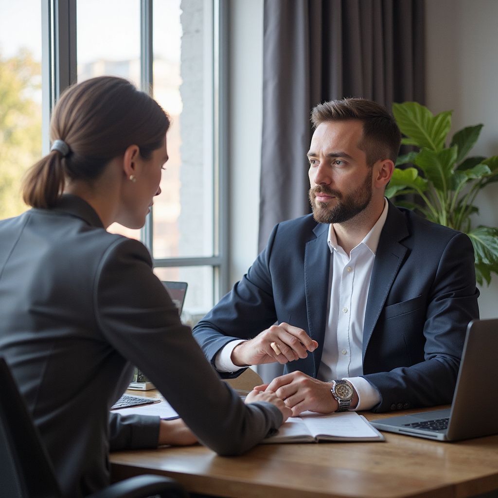 Woman and man in suits discussing documents at a desk in an office.