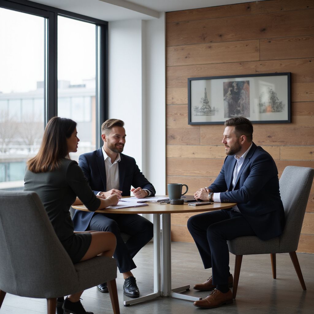 Three people in suits at a table, discussing documents in a modern office with wood paneling.