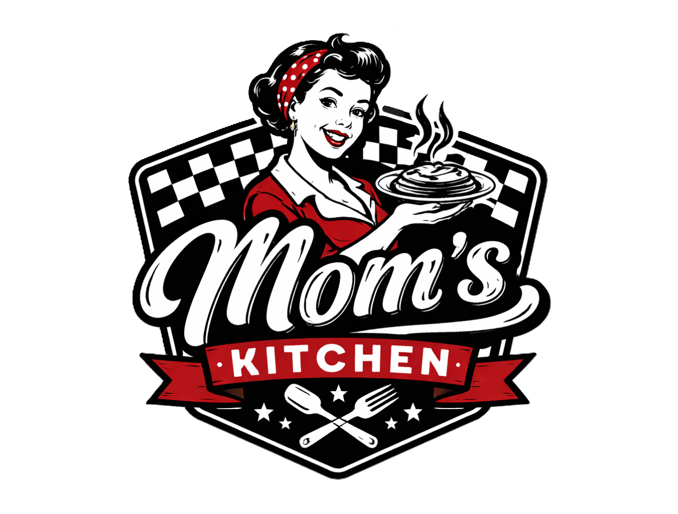 Mom’s Kitchen logo with a smiling chef, steaming dish, and checkered background