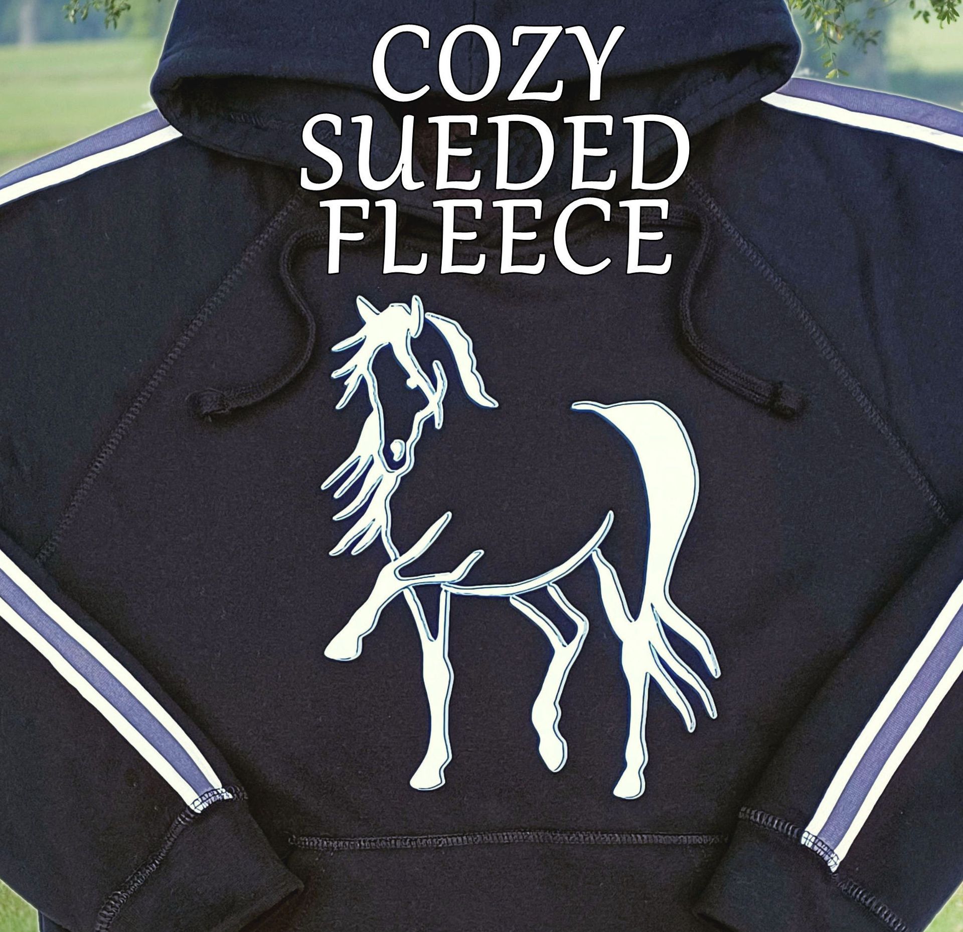 Dark blue hooded sweatshirt with a white horse silhouette design; features white and blue stripes on sleeves.
