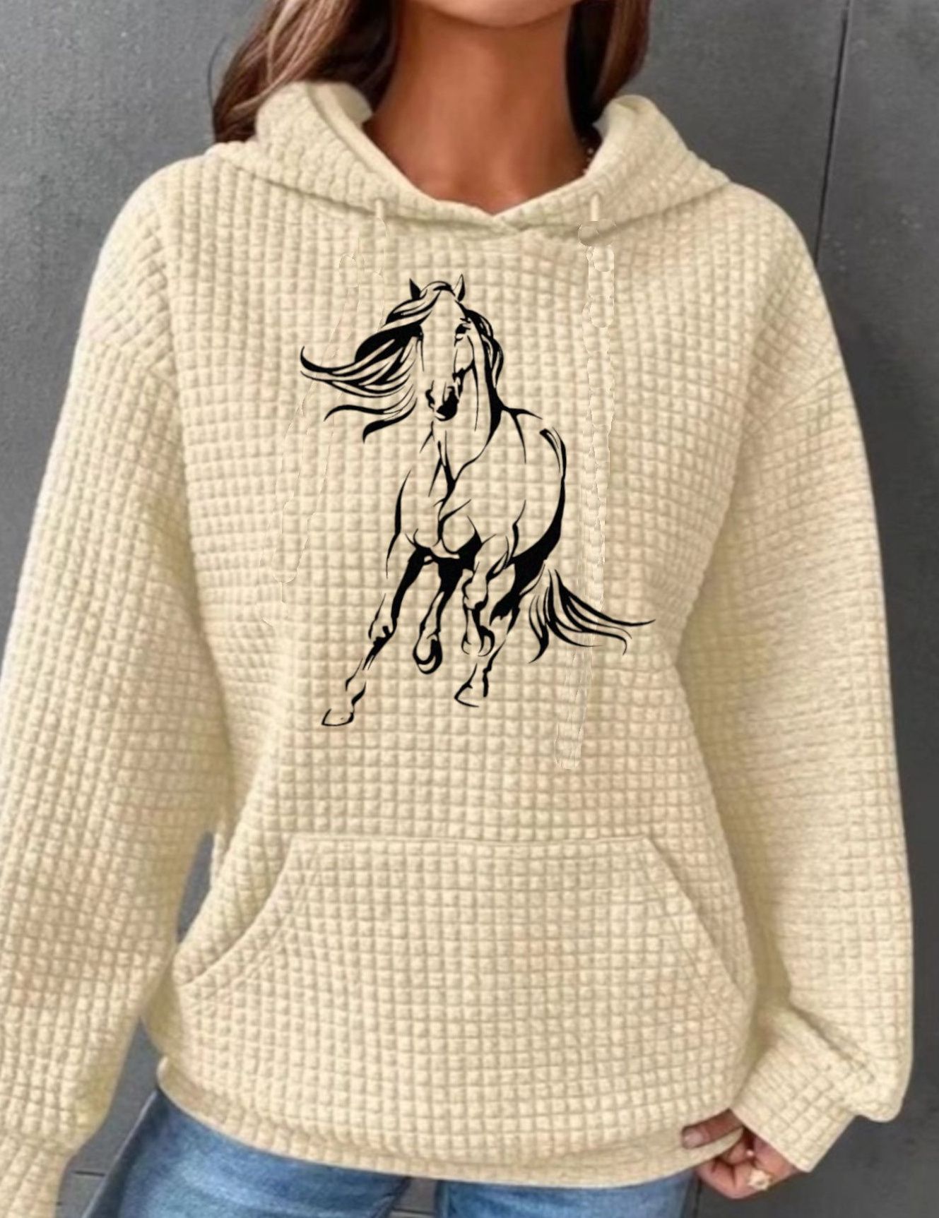 Cream color waffle weave 100% poly with Maverick Horse Art
