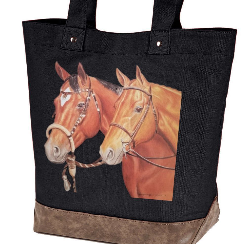 Black tote bag with two brown horses' heads.