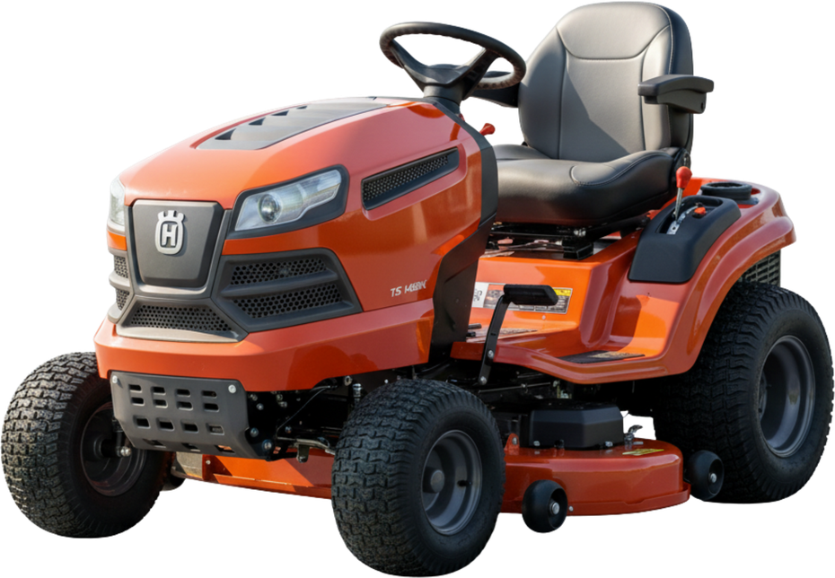 Orange Husqvarna riding lawn mower on grass, ready for mowing.