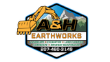 Logo for A&H Earthworks featuring a yellow excavator, mountains, and contact info (207-460-3149) on a hexagonal badge.