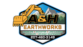Logo for A&H Earthworks featuring a yellow excavator, mountains, and contact info (207-460-3149) on a hexagonal badge.