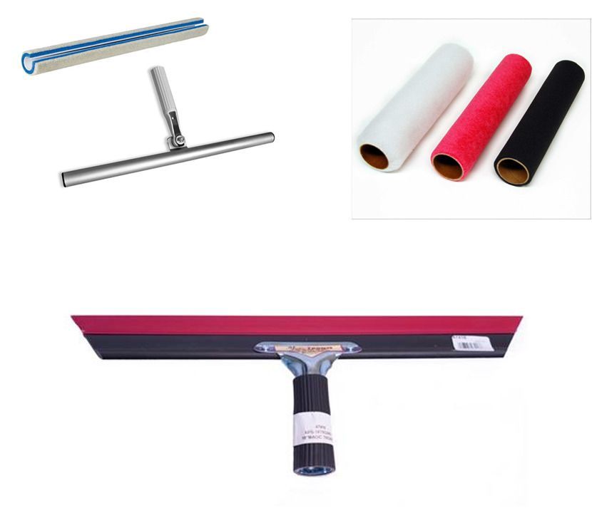 A picture of a squeegee , a brush , and some rolls.