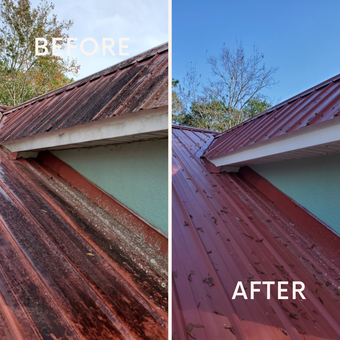 a before and after picture of a rusty roof