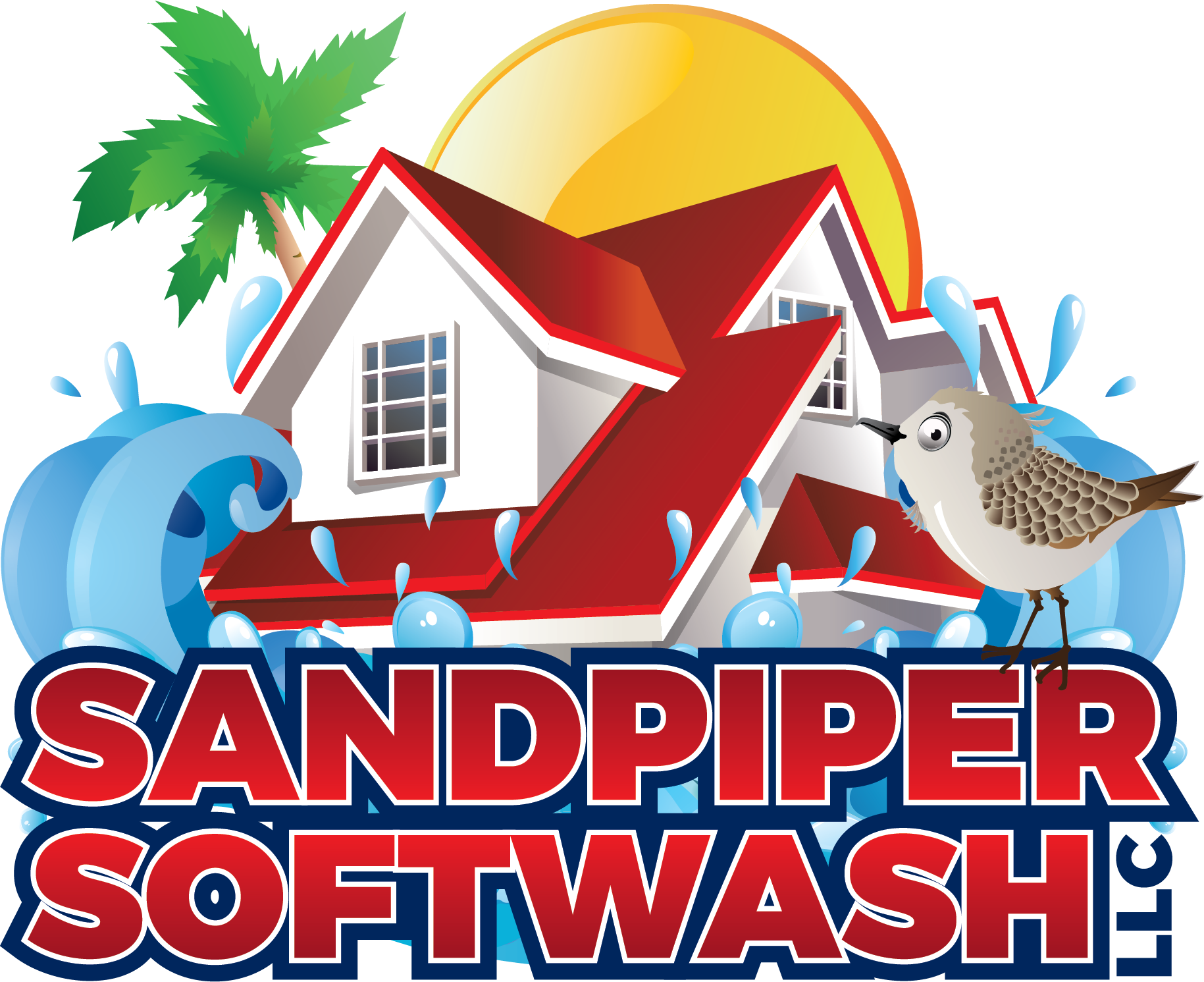 a logo for sandpiper softwash shows a house and a bird