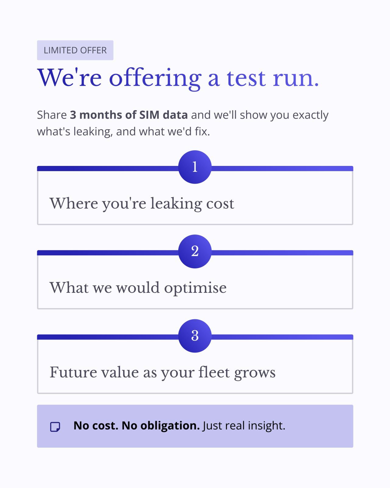 Purple “We’re offering a test run” form with three input fields and a blue continue button.