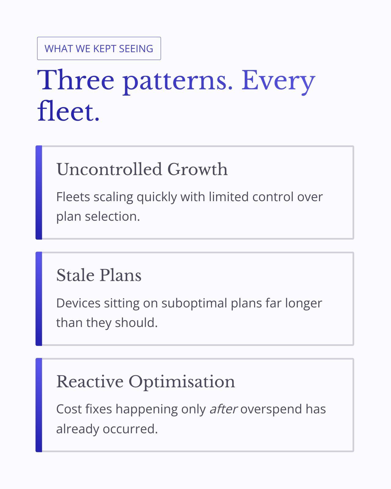 Infographic titled “Three patterns. Every fleet.” with three outlined boxes listing fleet planning issues.