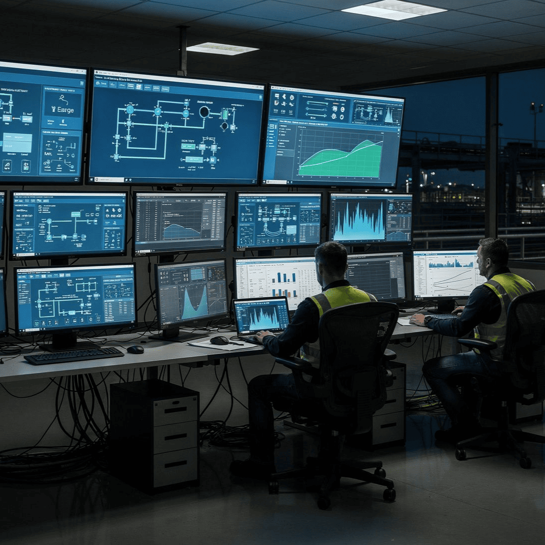 Control room with several analysts monitoring multiple data dashboards on large screens at night.
