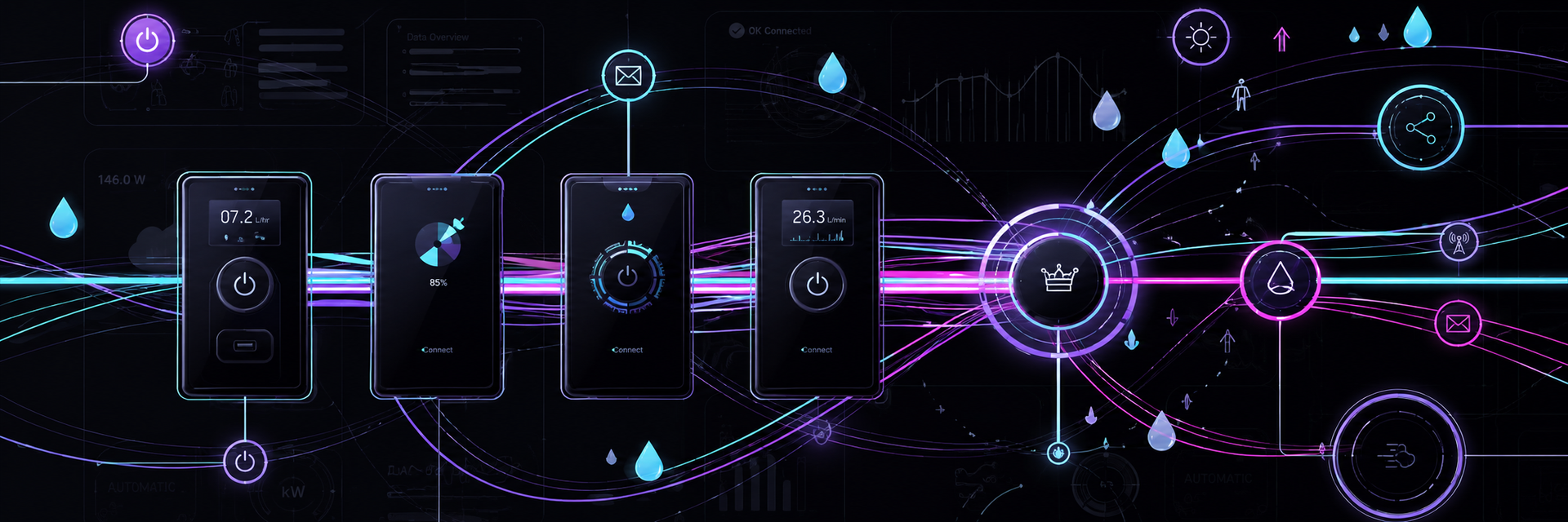Abstract neon cybersecurity network with connected server icons and glowing purple-blue lines on a dark background