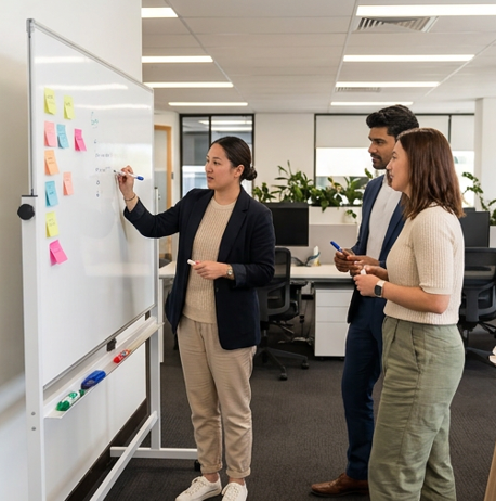 Colleagues in an office meeting, discussing ideas at a whiteboard with sticky notes.