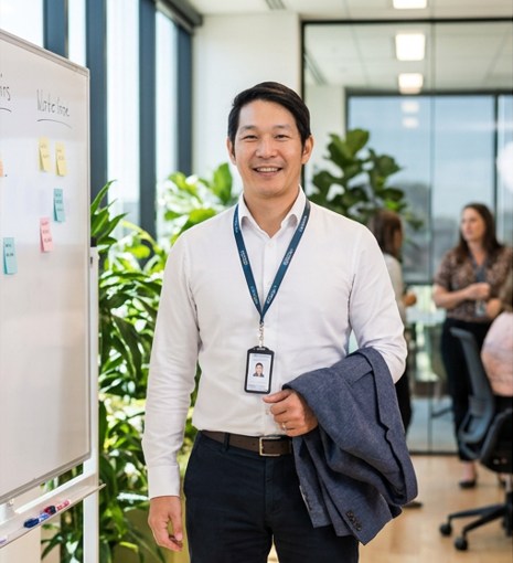 Smiling office worker walking by a whiteboard, holding a jacket in a bright meeting room