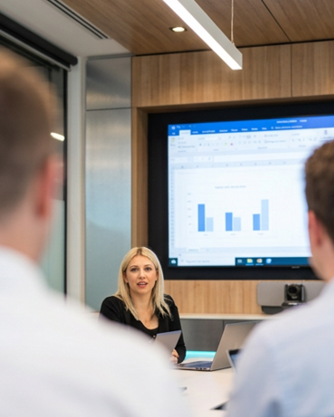 Business meeting in a conference room, with a presenter showing a bar chart on a large screen.