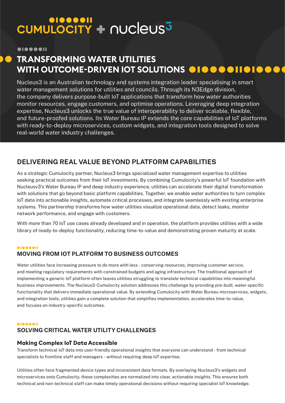 Dark gray Cumulocity + nucleus3 flyer with white text about transforming water utilities with outcome-driven solutions