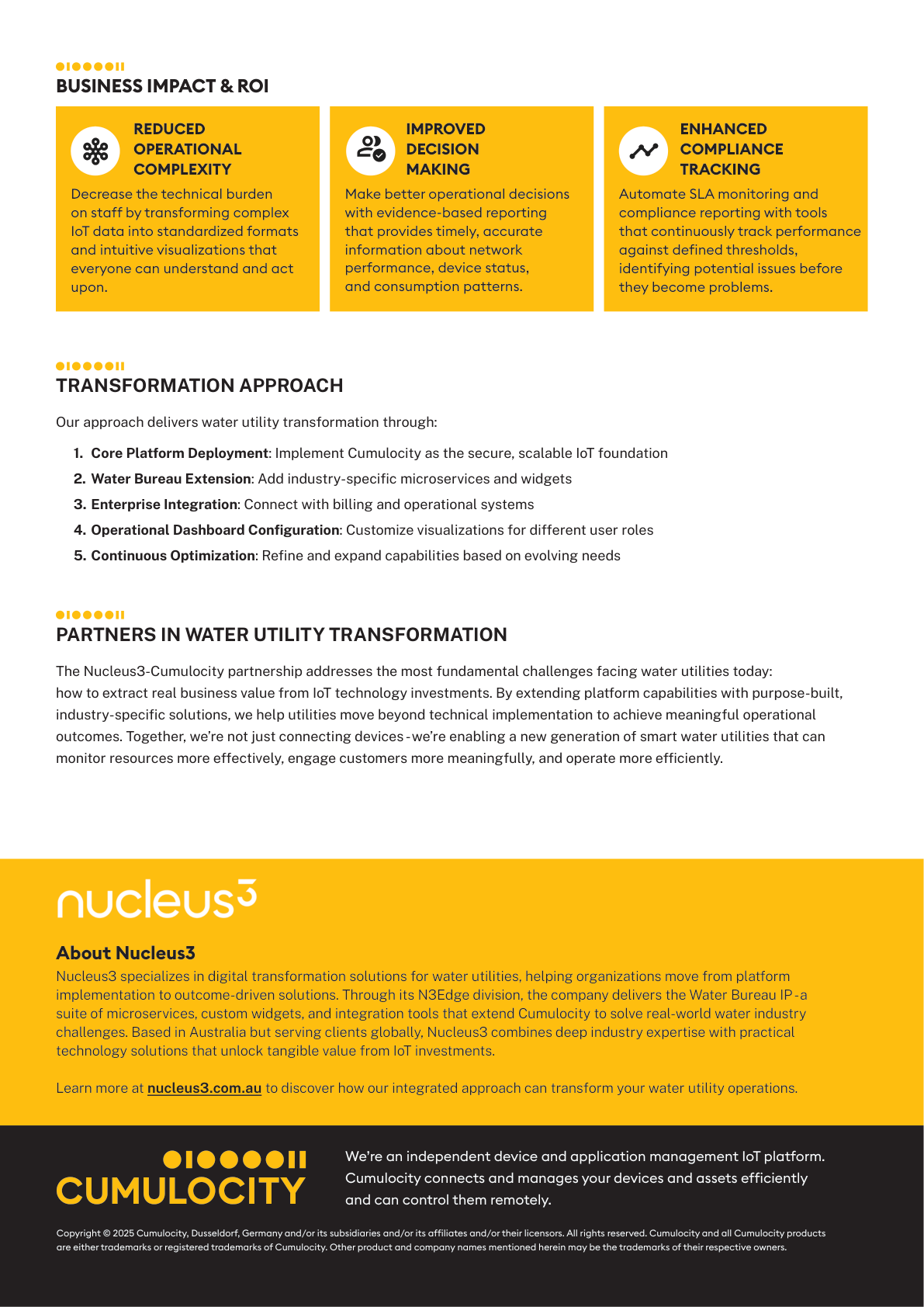 Yellow infographic with three info boxes, bullet points, and Nucleus3 and Cumulocity branding at the bottom
