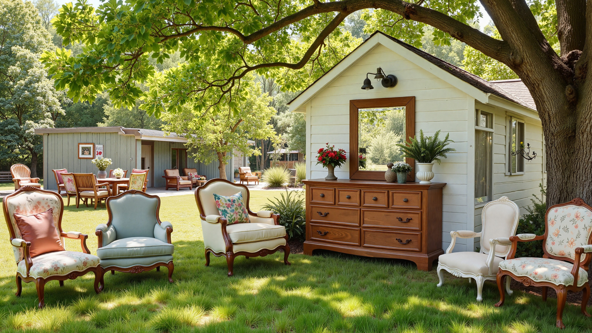 A backyard scene with chairs arranged around a wooden dresser against a small white building, under a tree.