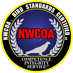 A bird standards certified logo with a bird and laurel wreath