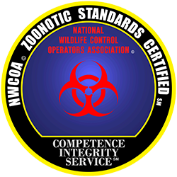 A logo for zoonotic standards certified by the national wildlife control operators association
