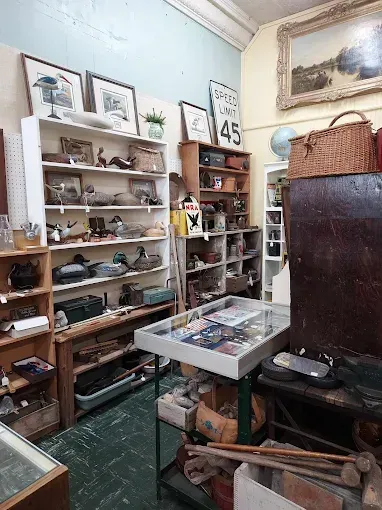 A room filled with lots of shelves and a table.
