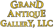 The logo for grand antique gallery , llc is yellow on a white background.