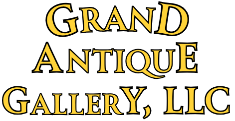 The logo for grand antique gallery , llc is yellow on a white background.
