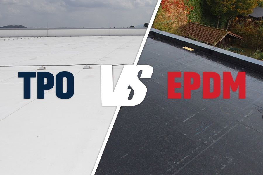A white roof and a black roof with the words tpo vs epdm