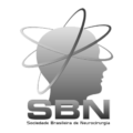 Um logotipo preto e branco para a sbn com uma silhueta da cabeça de uma pessoa cercada por átomos.