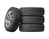 Four tires are stacked on top of each other on a white background
