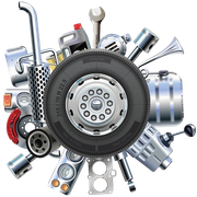 A tire is surrounded by a bunch of car parts