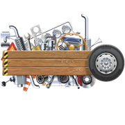 A wooden box filled with car parts and a tire.