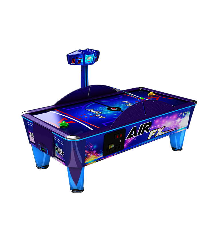 A blue and purple air hockey table on a white background.