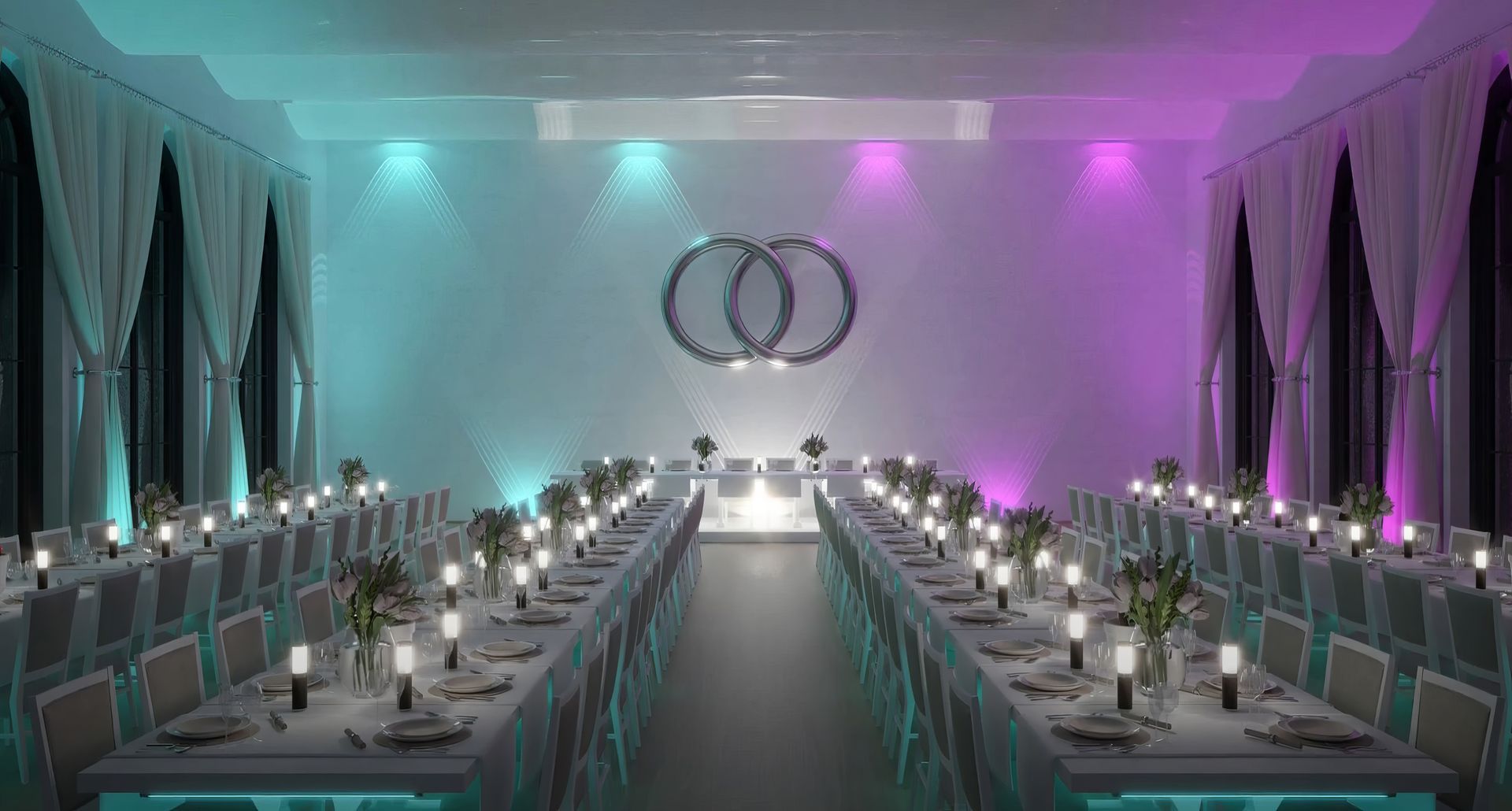 Boston Wireless Uplighting by Party Time Events - Cyan & Pink