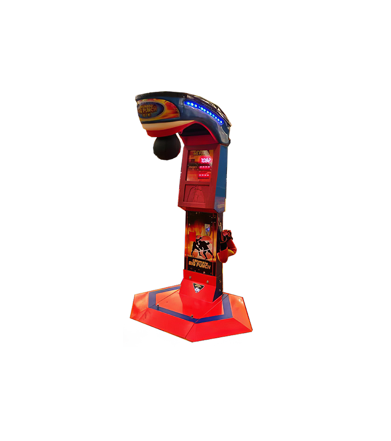 A red and blue boxing machine with a boxing glove on top of it.