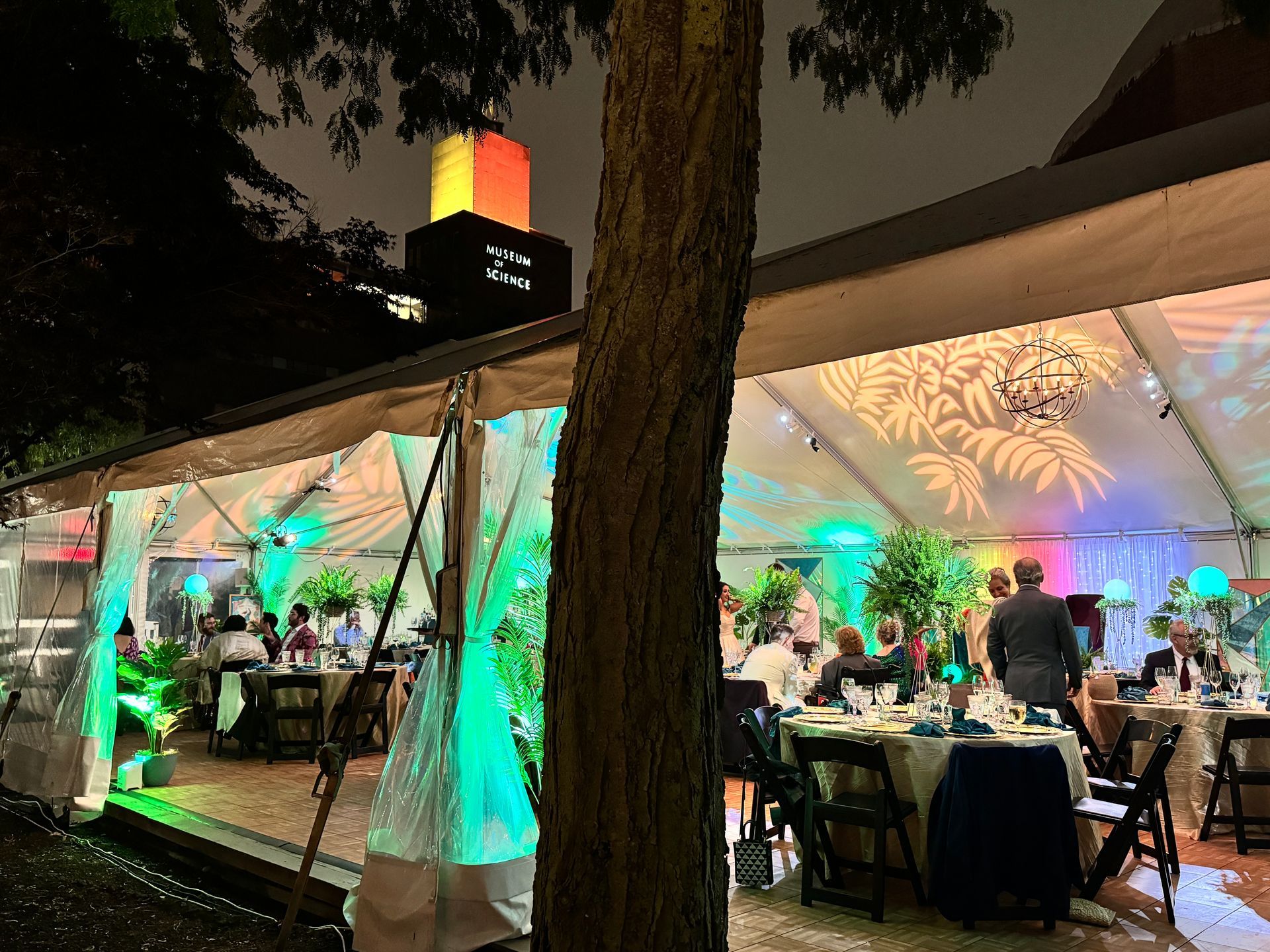 A large group of people are dancing at a wedding reception.