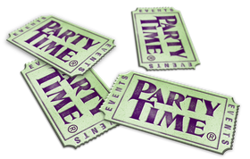 Three party time tickets are stacked on top of each other