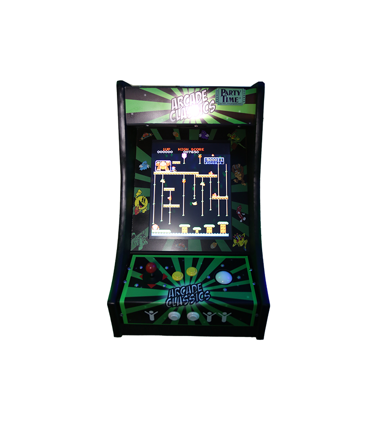 A green and black arcade machine with a game on the screen.