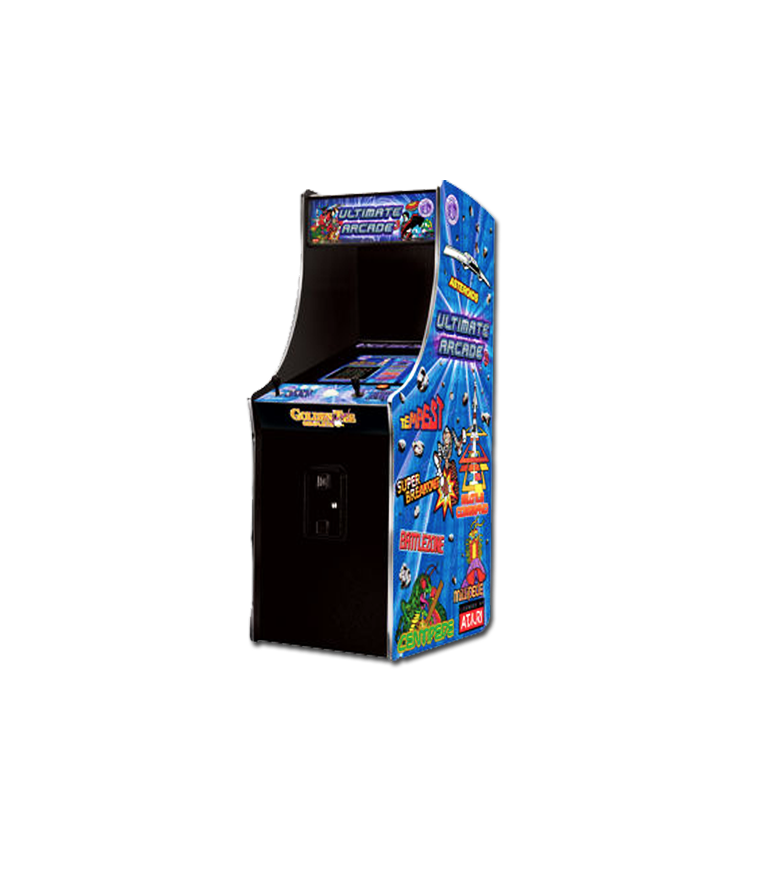 A blue and black arcade machine with a game on it.