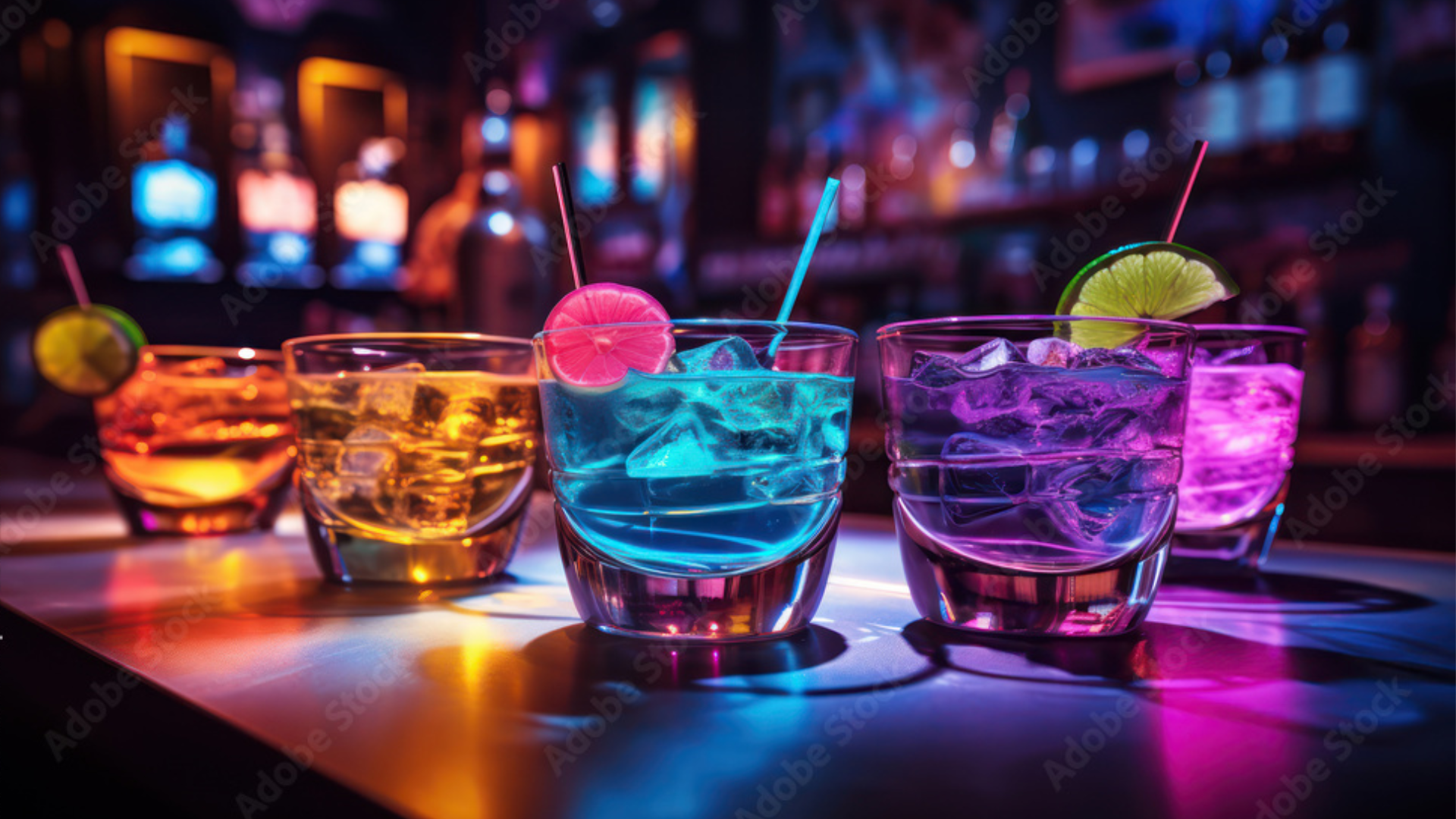 A group of colorful drinks are sitting on a bar counter.