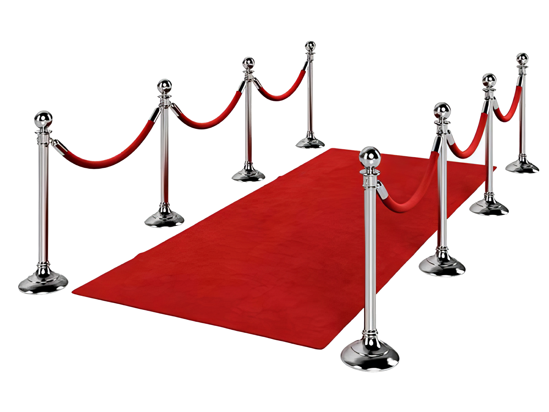 A red carpet is surrounded by silver poles and ropes