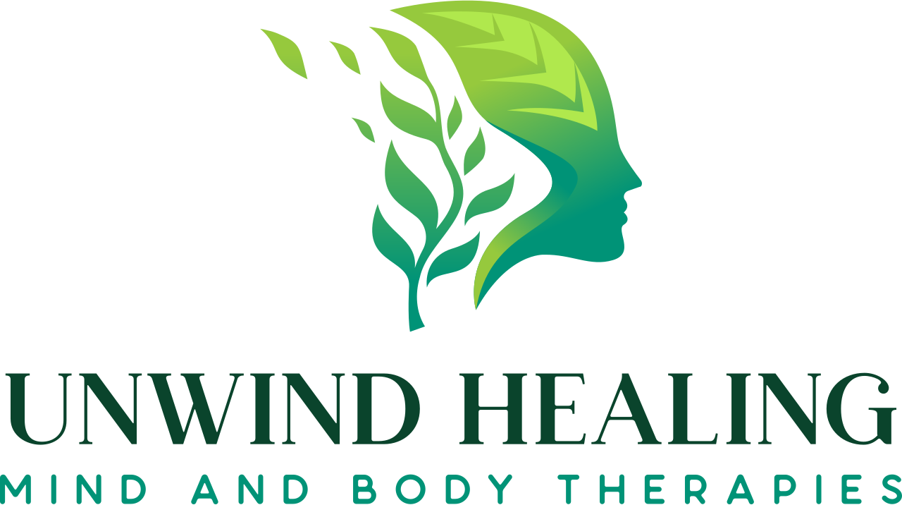 Logo: Green leaves and woman's profile,